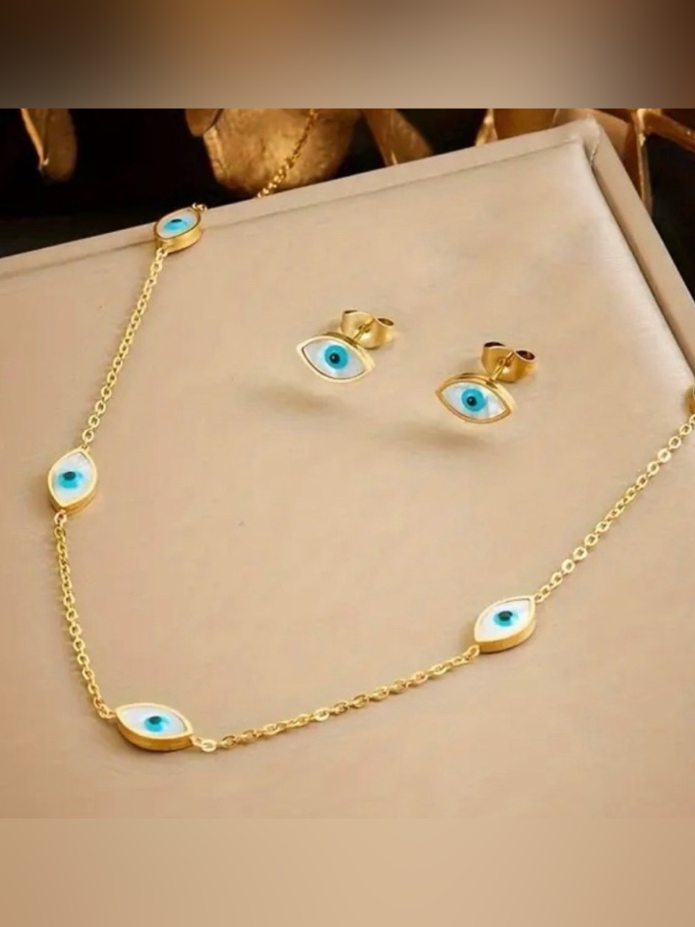 Evil Eye Necklace and Earring Set Gold Stainless Steel